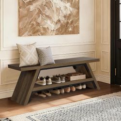 2-Tier Shoe Bench,Entryway Shoe Storage Bench,Modern Narrow Bench for Entryway, Kitchen, Bedroom, Dining（Brown）