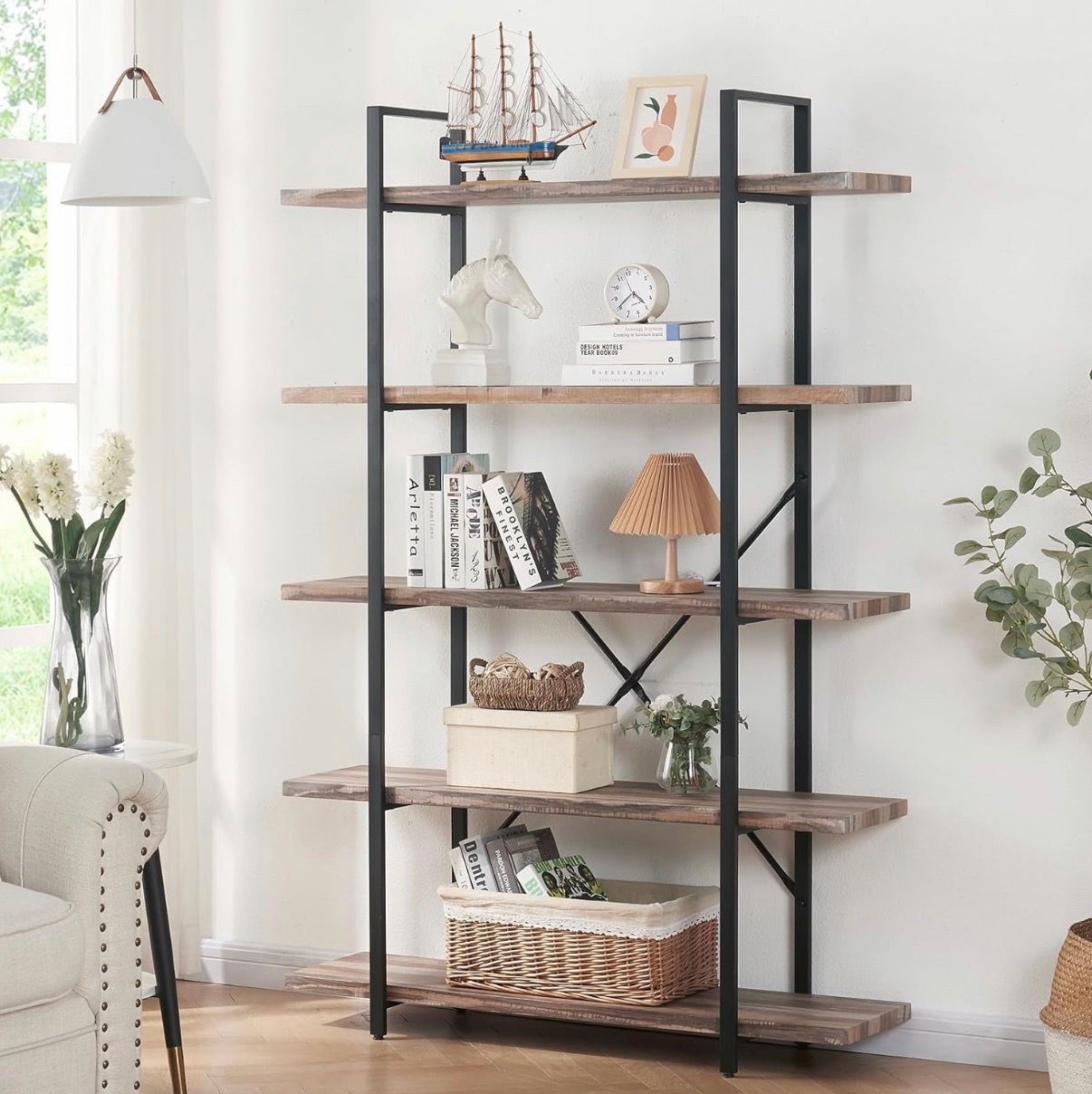 Bookshelf, 5 Tier Industrial Bookcase, 70" Tall Bookshelves and Book Case with 5 Shelf, Rustic Storage Rack with Display Shelves for Bedroom Living Ro