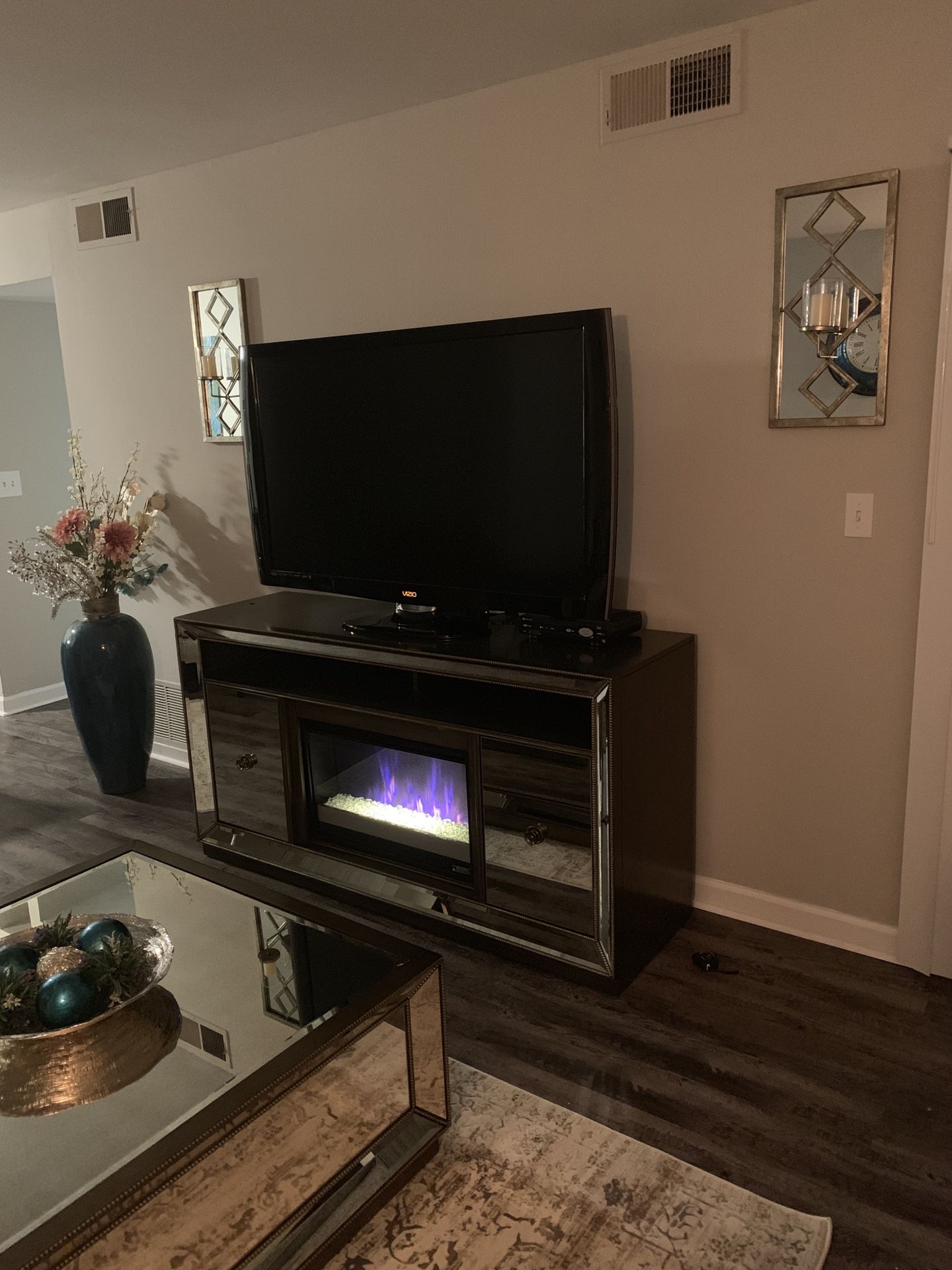 Mirrored TV Console w/ decorative fireplace 