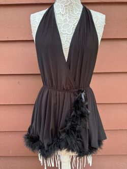 Black Feather Trim Halter Romper Vintage Inspired Party Wear