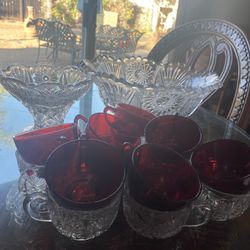Crystal Antique Punch Bowl W Stand And Glasses