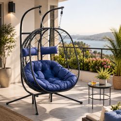 New 2-Person Hanging Egg Chair with Stand – Black Outdoor Patio Swing Chair with Blue Cushion & Pillows