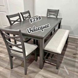 ✅️✅️ 6 pc grey finish wood dining table set padded seat  chairs and bench ✅️ 