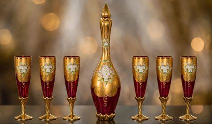 Rare vintage Hand Blown Murano Glass pitcher with stopper Ruby Red & 24K Gold Leaf and 6 glasses