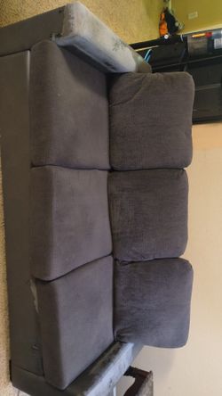 Gray Fabric Sofa and Loveseat Set faux leather pealing off arms obo