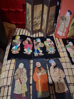 12 vintage chinese immortals silk on cardboard ..2 partitions  and Octagonal Box with 6 more figures on it.