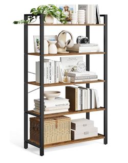 5-Tier Bookshelf, Bookcase with Shelves, Storage Shelf, Living Room Book Shelf, Industrial Style, Living Room, Home Office, Study, Rustic Brown and Ma
