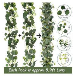 2 Pack Artificial Eucalyptus Garland 5.9FT Spring Greenery Garland Decor Summer Faux Silver Dollar Hanging Eucalyptus Greenery Vines for Home Table Ma