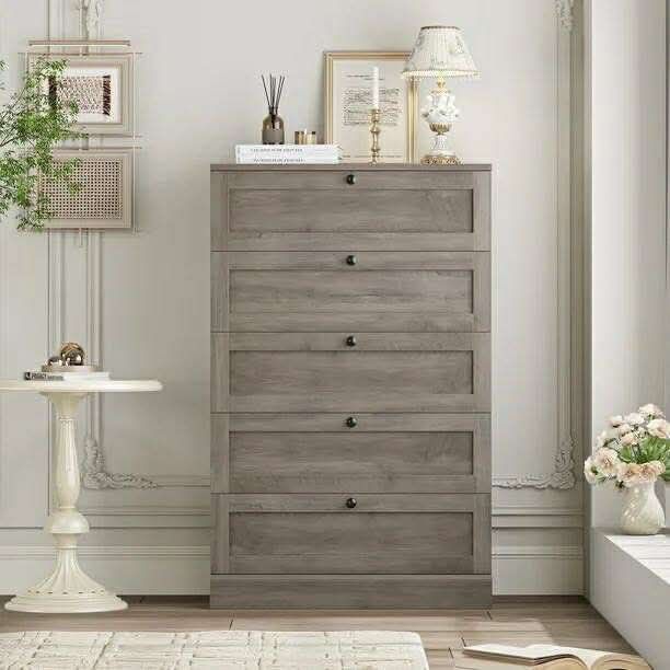 5 Drawer Bedroom Dresser, Modern Farmhouse Vertical Dresser Drawers Wood, Grey