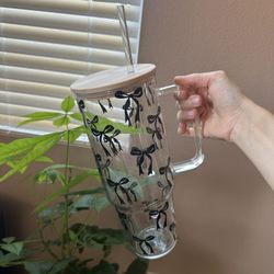 Glass Bow Mug Tumbler w/ Bamboo Lid & Straw