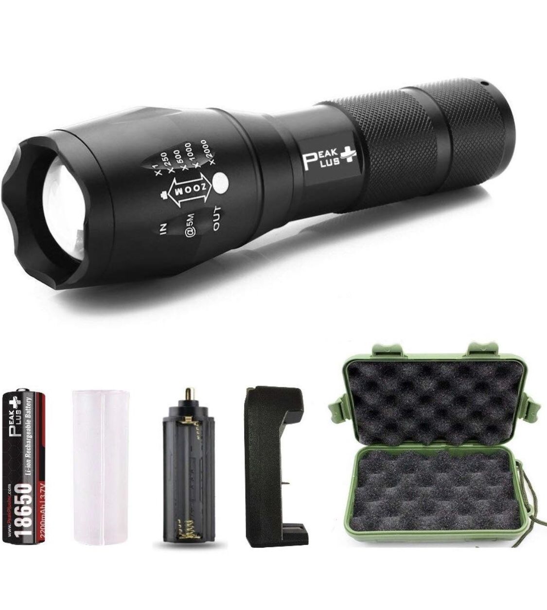 PeakPlus Super Bright LED Tactical Flashlight Zoomable Adjustable Focus 5 Modes Water Resistant Torch with Rechargeable 18650 Lithium Ion Battery & C