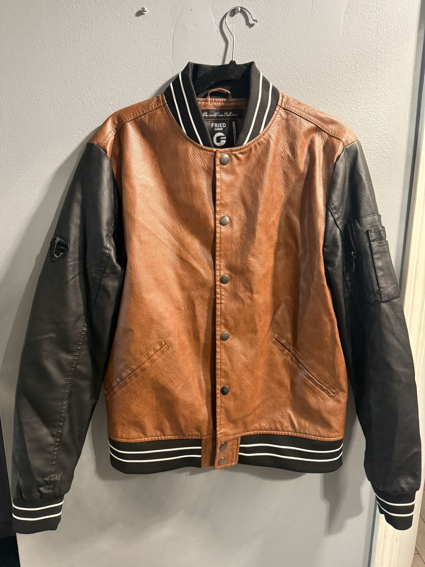 Fried Denim Men's Black & Brown Size M Faux Leather Bomber Jacket