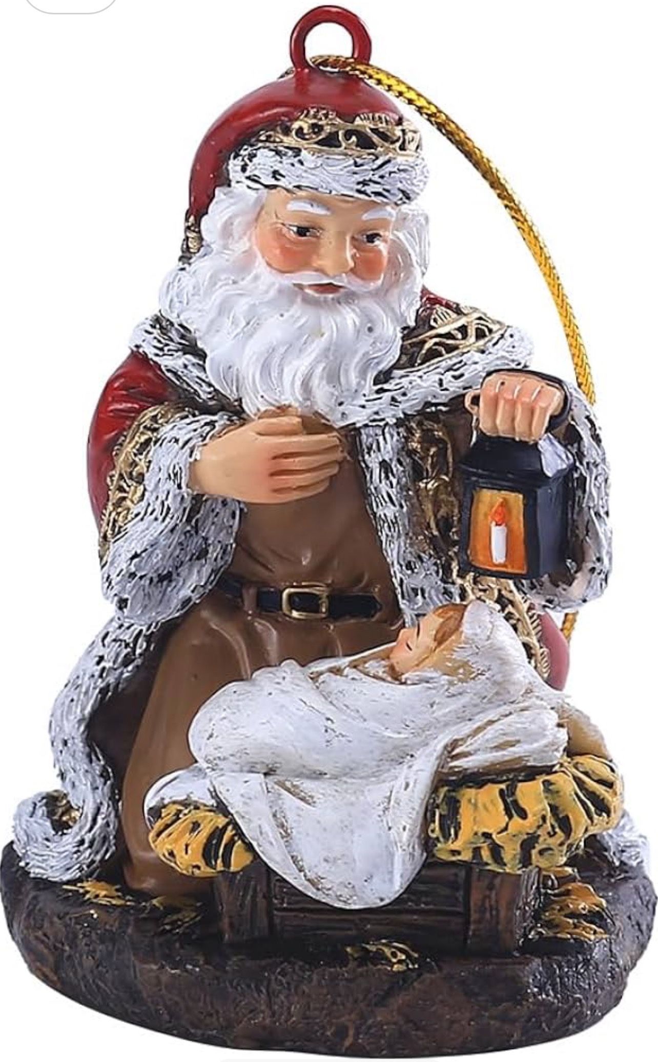 Traditional Santa Claus Christmas Figurine, Decorative Holiday Figurine with Lantern, Red and White, Handcrafted Design (3.1inch)