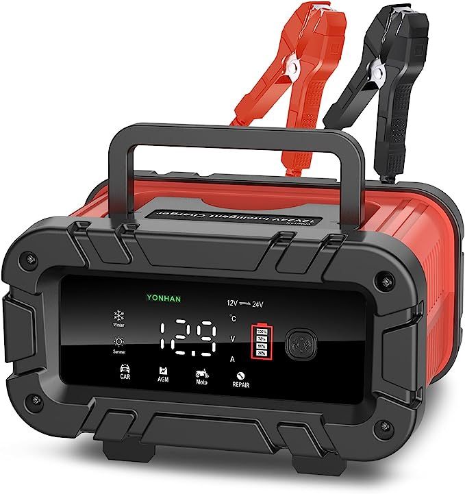 YONHAN Battery Charger 10 Amp, Upgraded 12V/24V Car Battery Charger with Super Large Display Screen, Fully-Automatic Smart Trickle Charger Automotive,