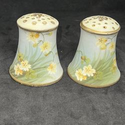 VTG Hand Painted Nippon Salt and Pepper Moriage Blue w Yellow Flowers Gold Trim