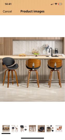 26'' Swivel Bar Stools Set of 3, Upholstered Faux Leather. Black