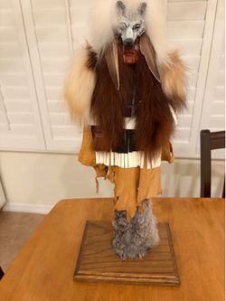 Native American Wolf Headdress Bust Sculpture