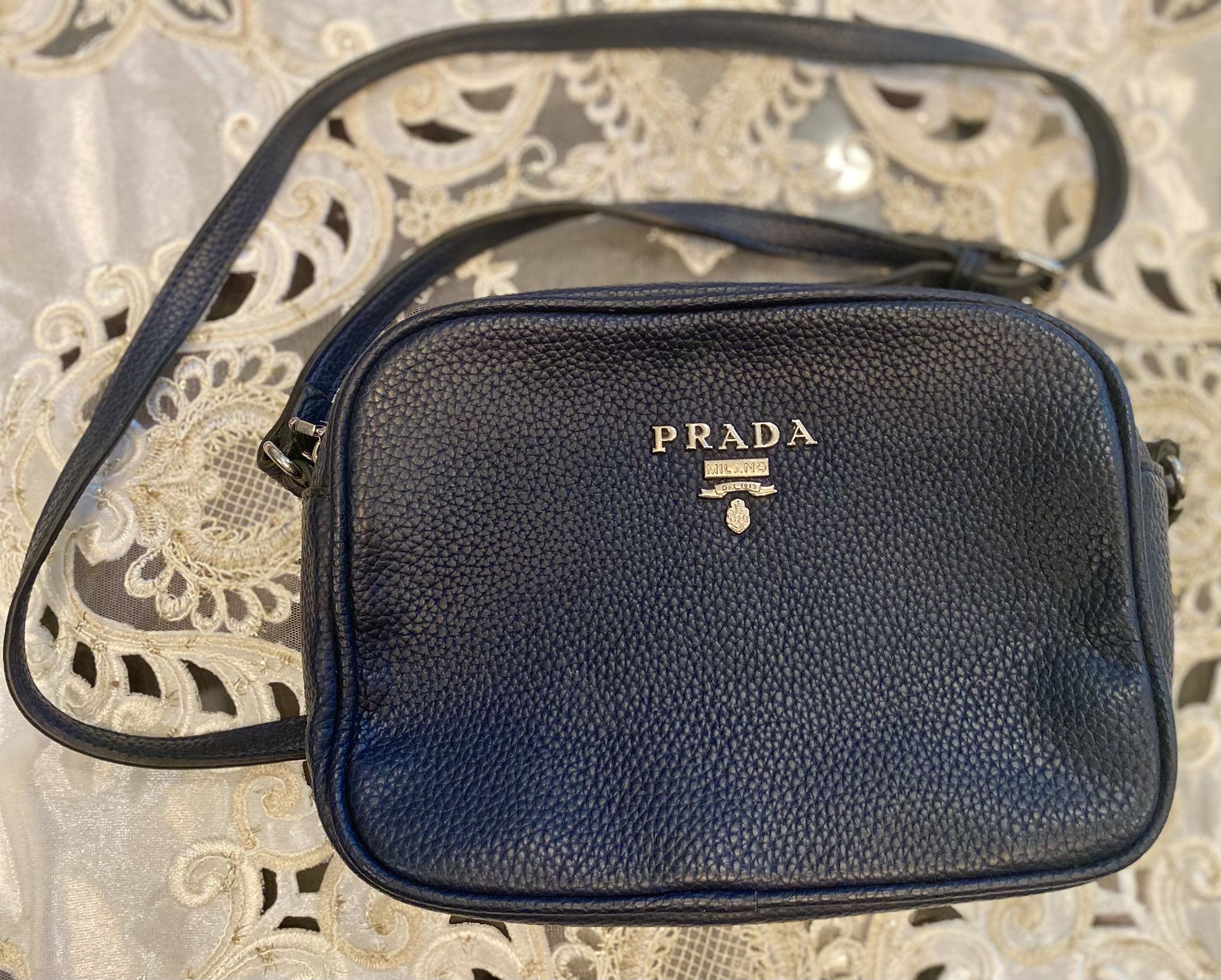 Prada Authentic VIP Shoulder Bag Navy Blue Leather Strap Made In Italy .