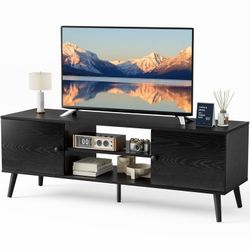 Modern TV Stand for 55-60 inch TV, Mid Century Entertainment Centre, Media Console Table with Storage for Living Room, Office, Black