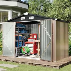  8.5 x 5.6 FT Outdoor Storage Shed with Base Frame, Tool Shed with Lockable Door, Galvanized Metal Shed for Garden, Backyard, Patio, Lawn(Floor not in