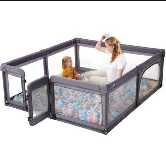 Sweeby Baby Playpen, 79x71 Playpens for Babies and Toddlers with Gate, Large Baby Play Yards with Zipper Door, Indoor & Outdoor Baby Fence, Dark Grey