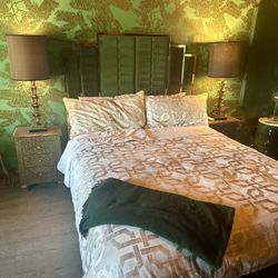 Art Deco Style Green & Gold Bed Frame And Mattress 