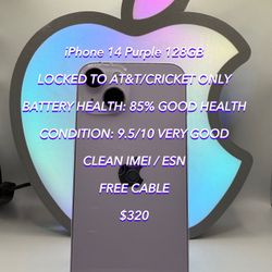 iPhone 14 Purple 128GB LOCKED FOR AT&T/CRICKET Used Authentic
