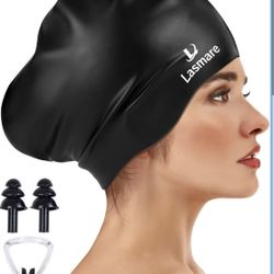 Brand New, Large Swim Cap for Long Hair Silicone + Ear Plugs Nose Clip