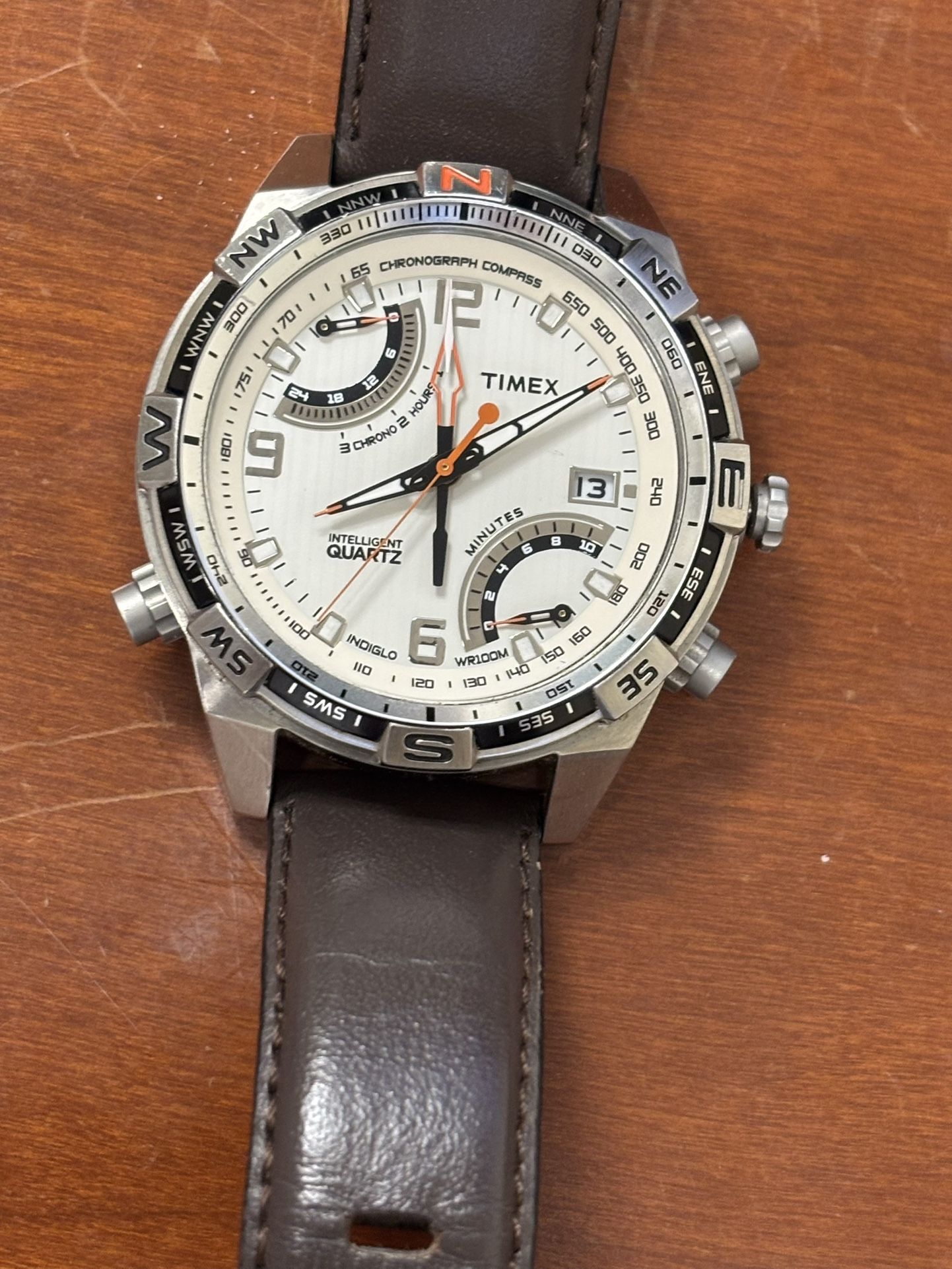 A  Timex 1854 ,  Intelligent Quartz In A Great Condition, Quartz, WR 100 Meters, Indiglo, With Chronograph And Compass, Date,
