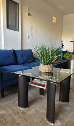 Vintage Postmodern Glass Coffee Table | Chrome & Black Pedestal Base (2 available)