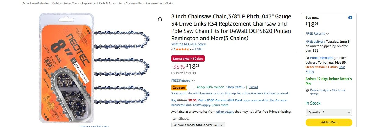 8 Inch Chainsaw Chain,3/8"LP Pitch,.043" Gauge 34 Drive Links R34 Replacement Chainsaw and Pole Saw Chain Fits for DeWalt DCPS620 Poulan Remington