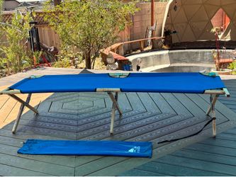 (2) BYER MAINE WOOD PORTABLE CAMPING COTS W/ BLUE CANVAS