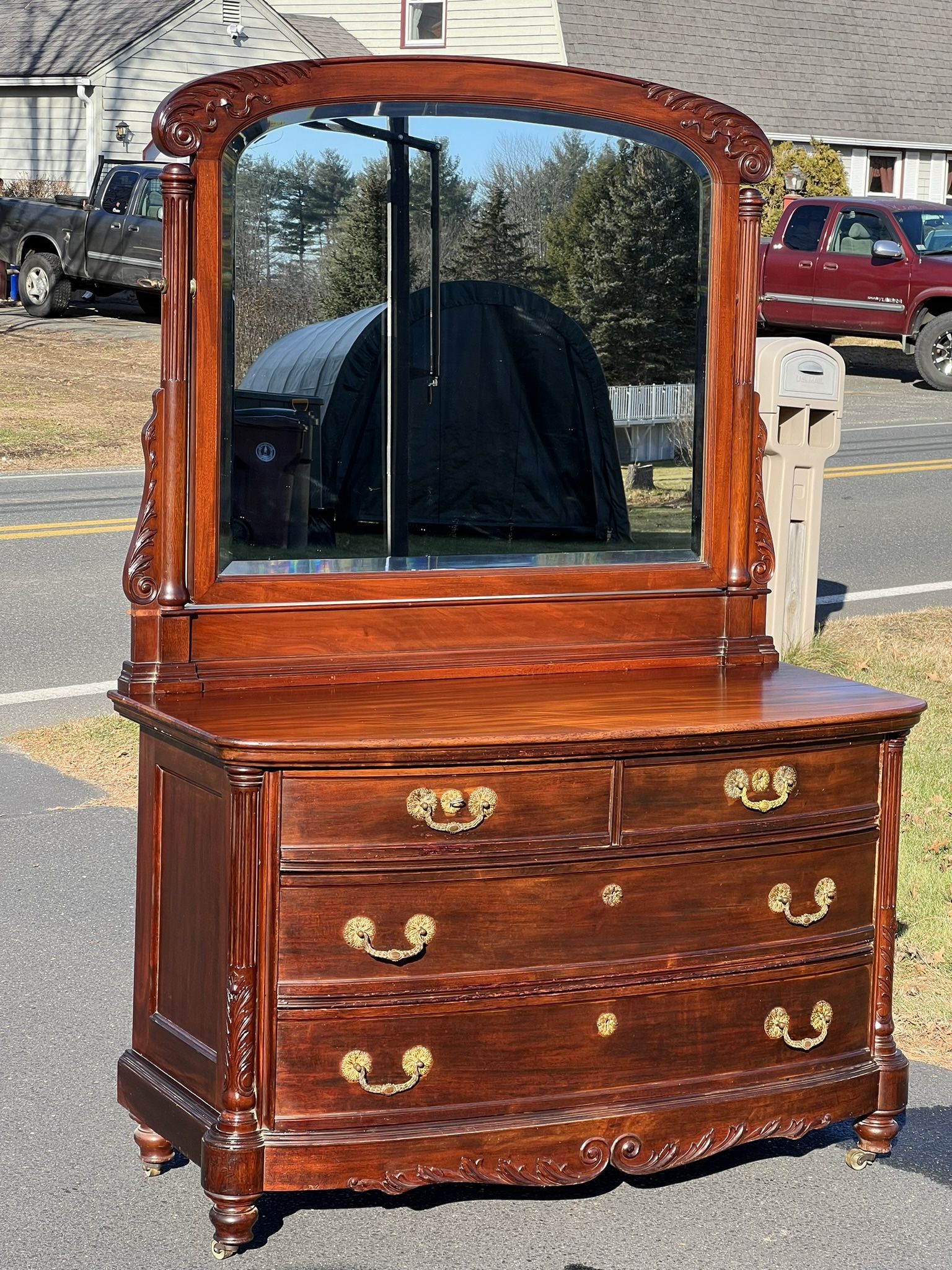 Antique Neoclassical Mahogany Bowfront Two Over Two Dresser with Beveled Glass Mirror and Great Brass Pulls c. 1880