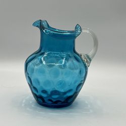 Vintage Blue Handblown Glass Pitcher Inverted Coin Dot Clear Applied Handle