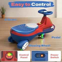 6V 7AH Electric Wiggle Car Blue-75W Motor, 2 Speed, Rechargeable Battery, Bluetooth & Music, LED Lights, Soft Start, Light-up Wheels, Anti-Rollover, f
