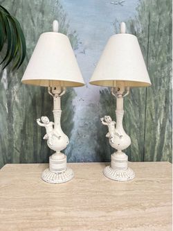 Pair of Antique Metal Lamps with Cherubs H23"/14"