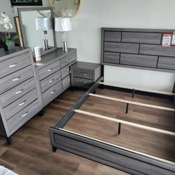 Brand New 4pc Queen Bedroom Set In Grey (No Chest)
