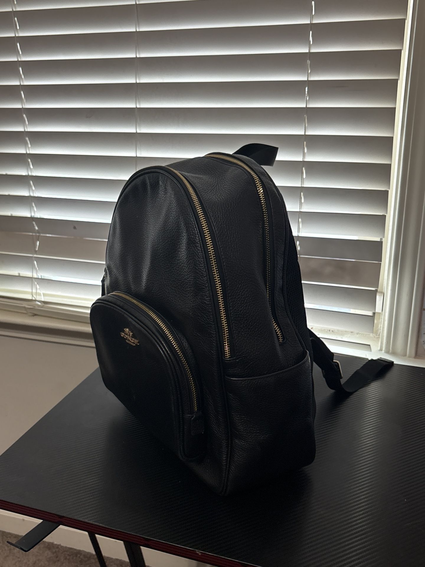 Coach Black Leather Backpack With Gold Zippers