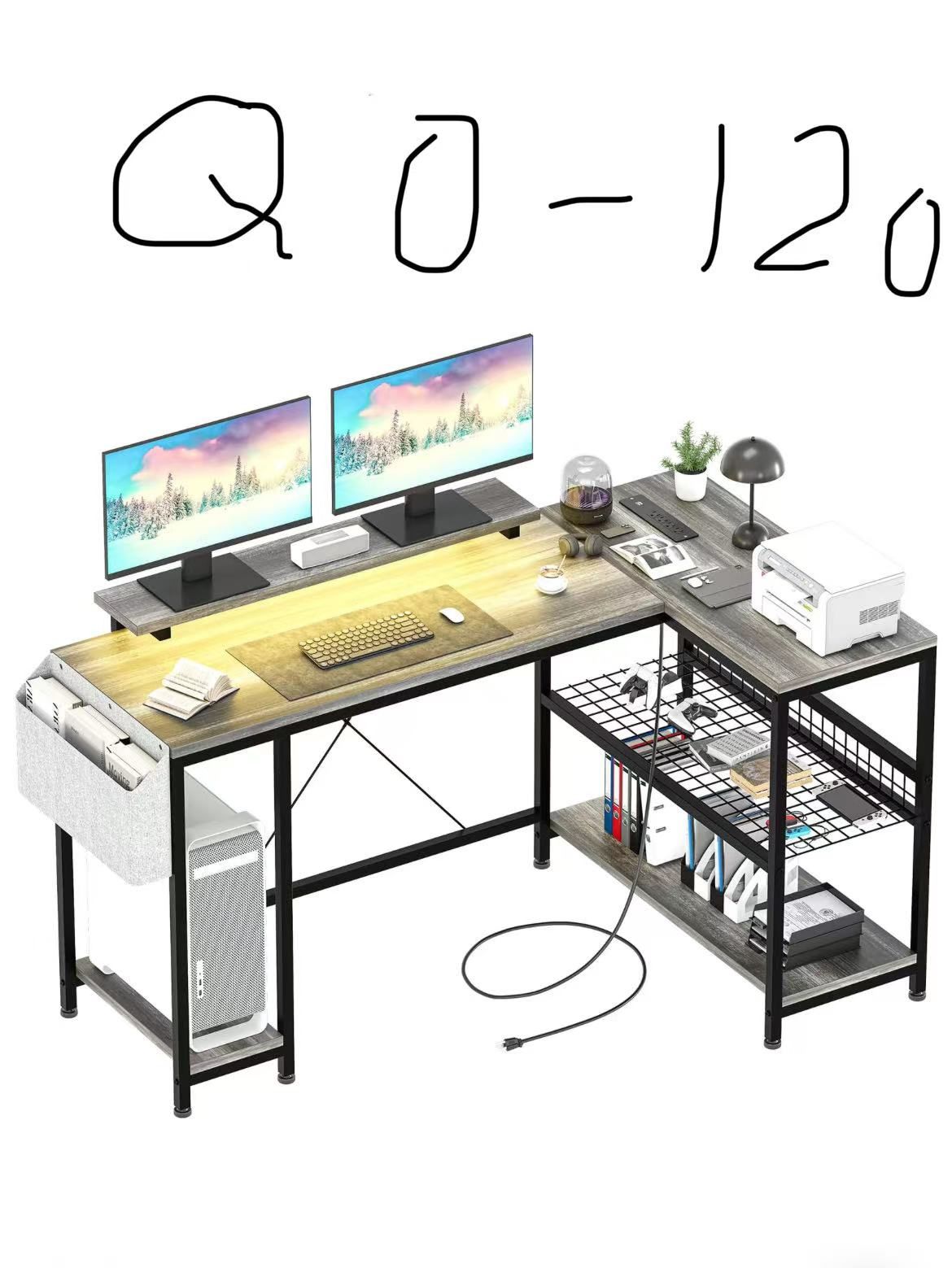 L Shaped Computer Desk 50IN Gaming Desk Writing Desk with Power Outlets & LED Light Office Desk with Storage Shelves, Gaming Desk with Monitor Shelf,