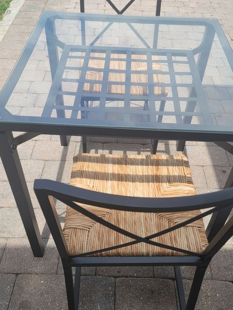 Glass Top Dining Table with 2 Wicker Chairs From Ikea