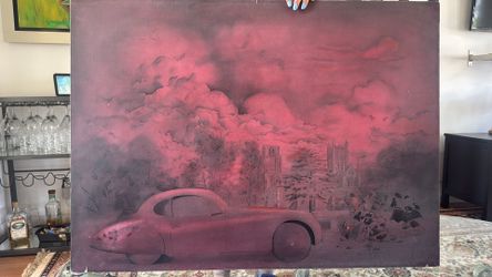  Original Oil Painting - Jaguar XK120 Red Car - Signed Tomàs 1994 Spain