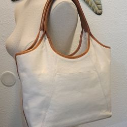 Brahmin cream and ivory white woven leather tote bag with saddle brown leather handles and trim,Luxury Designer Tote bag,12" x 11"x 5".