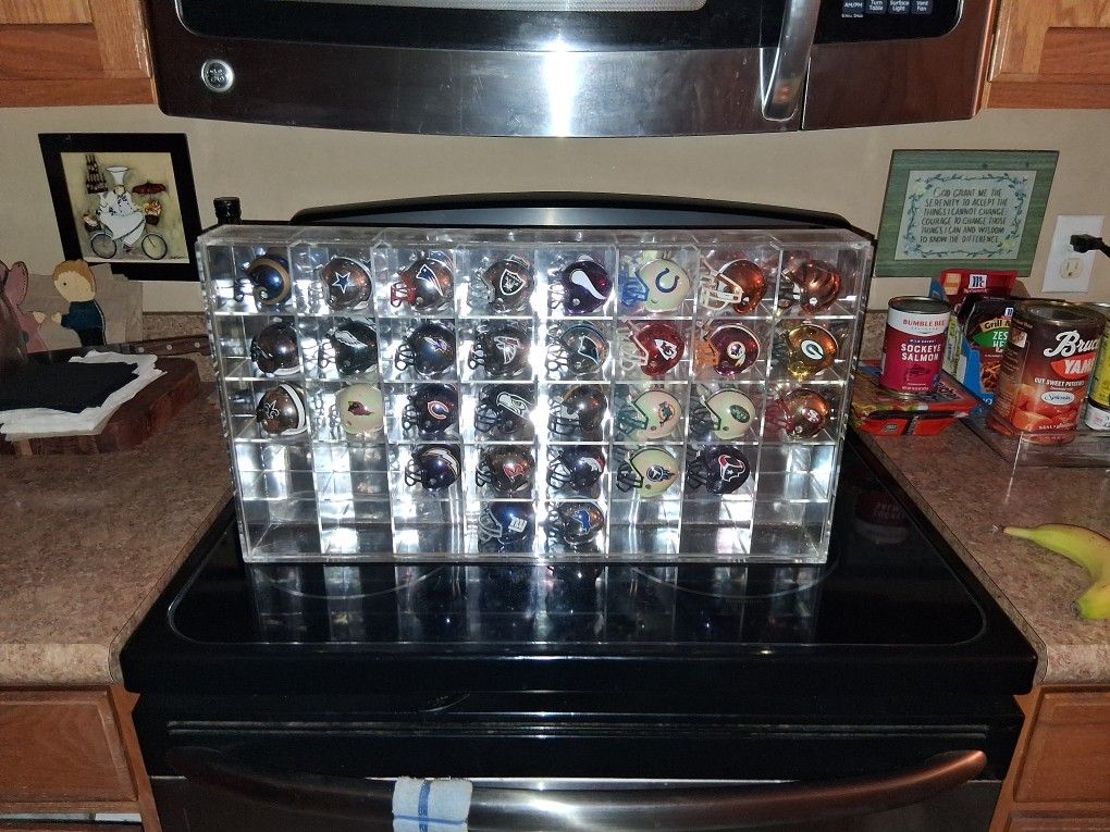 31 Miniature NFL Helmets In Plexiglass Case One Missing Jackson Jaguars