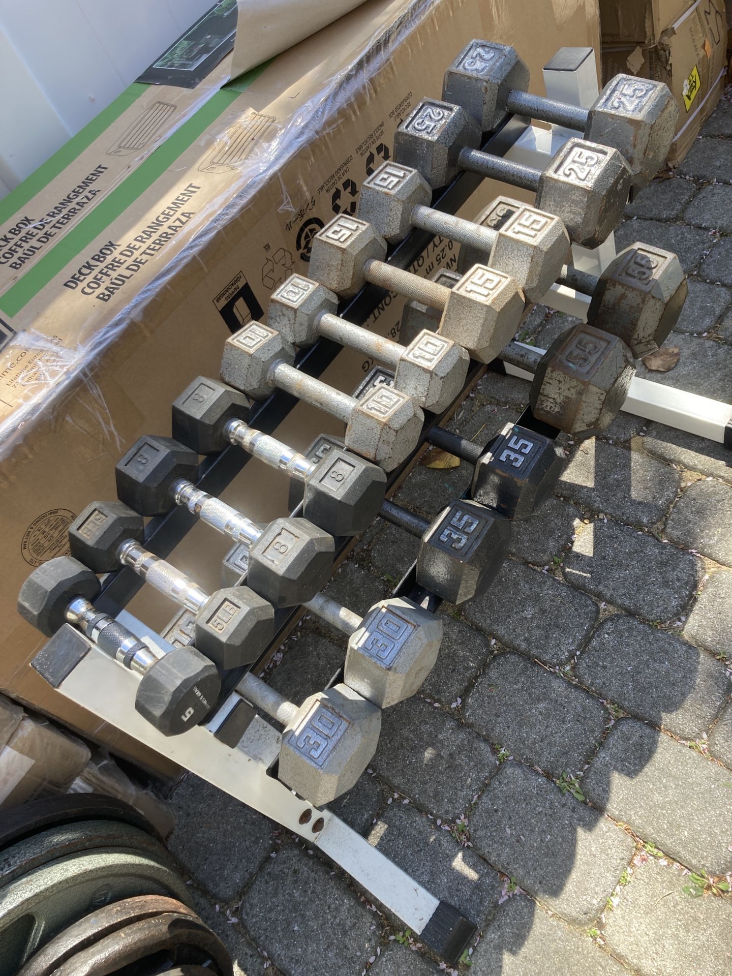 Set Of Used Steel Hex Dumbbells From 5 To 55 Lbs With Two Tier Rack