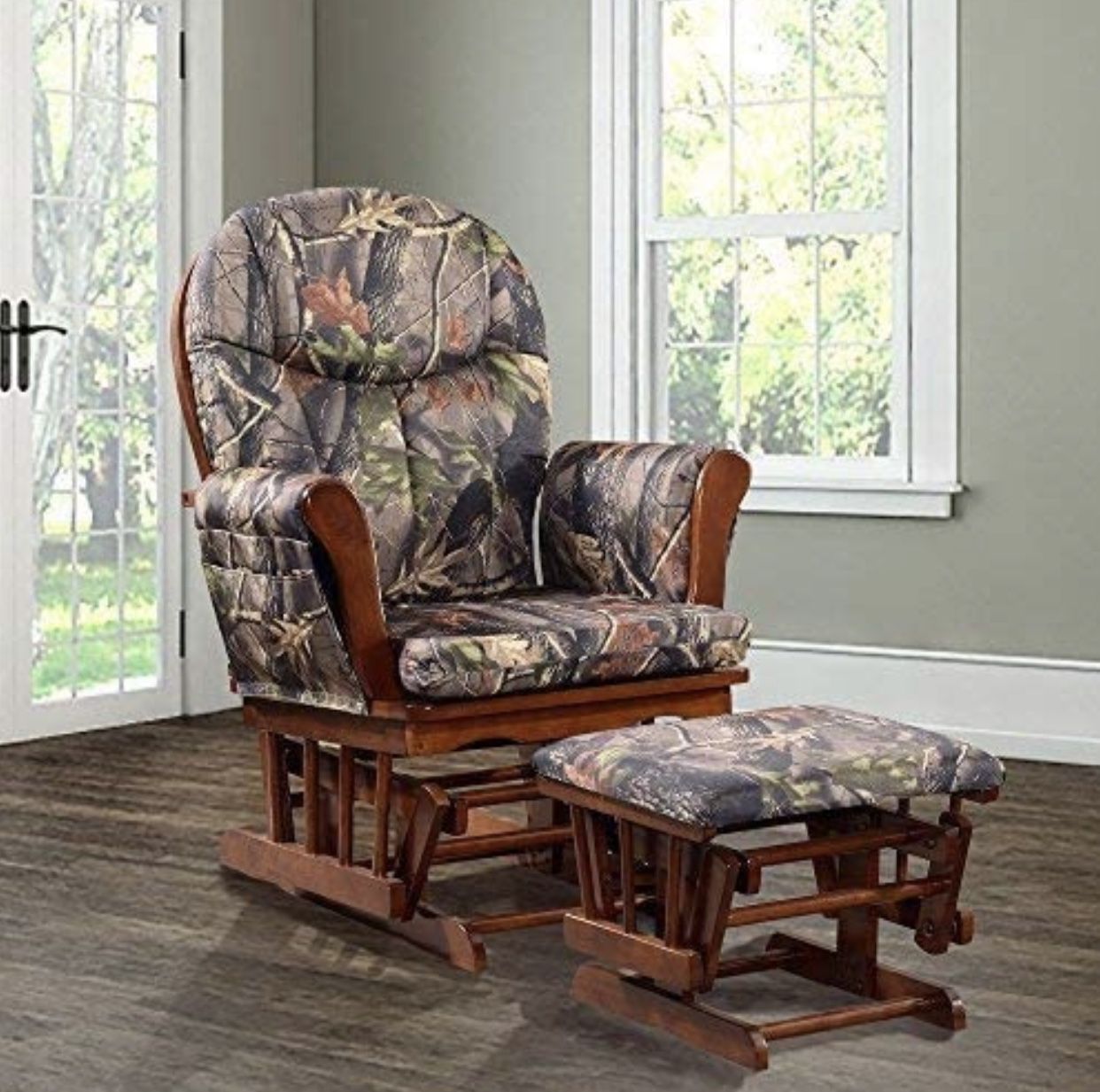 🦌🌿N-E-W-Artiva USA Home Deluxe Camouflage Fabric Cushion Cherry Wood Glider Chair & Ottoman Set