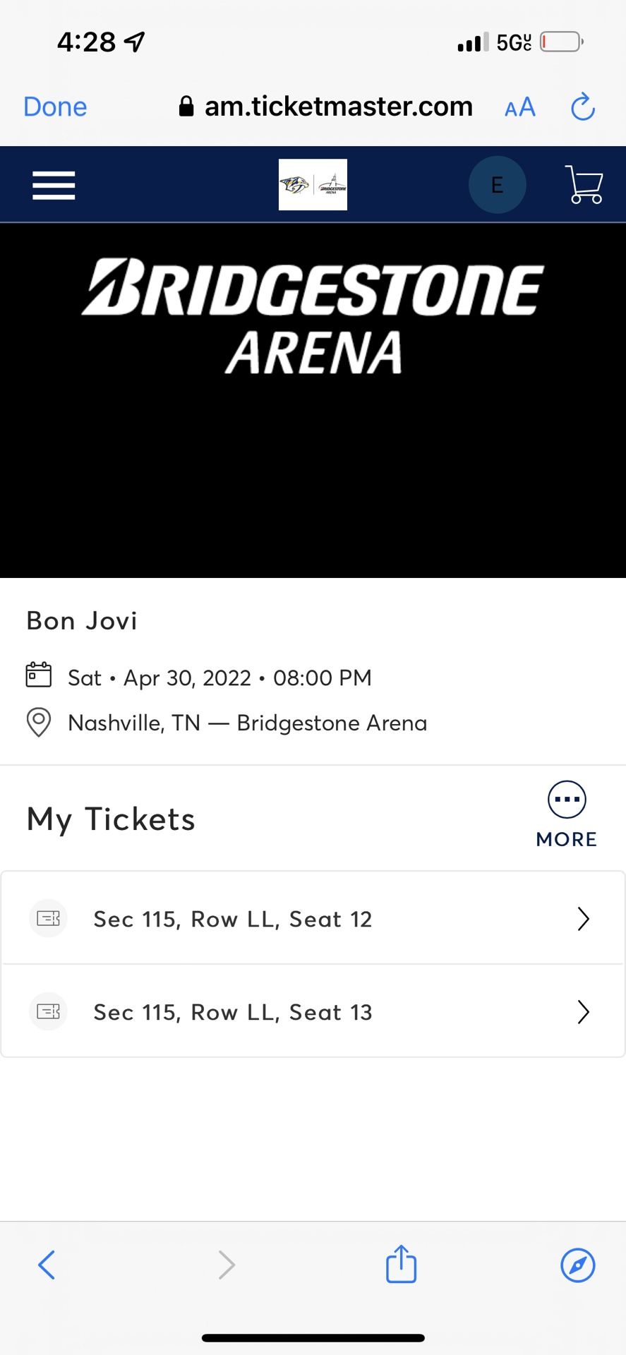 Bon Jovi Tickets Section 115 ROW LL Bridge Stone Aerna