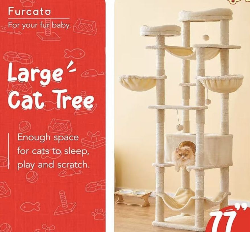 😀 77-Inch Tall Cat Tree, Multi-Level Large Cat Tower with 4 Hammocks, 2 Padded Perches, Cat Condo, Sisal Scratching Posts and Hanging Toys