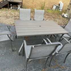 7 PCs Patio Set, Rectangular Outdoor Gray Dining Table with 6 Gray Dining Chairs
