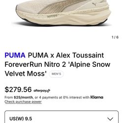 9.5 WOMENS PUMA x Alex Toussaint ForeverRun Nitro 2 'Alpine Snow Velvet Moss'
