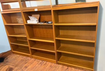 Three (3) Wood Cabinets 5’ x 3’ x 1’.   $50 each or all 3 for $100!!  Solid (cherry?) wood.  Sturdy.  4 shelves each. Thanks, Todd